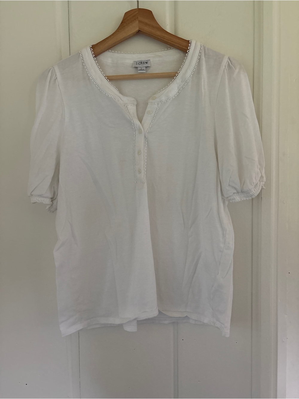 J. Crew White Cotton Puff-Sleeve Henley Blouse with Lace detail